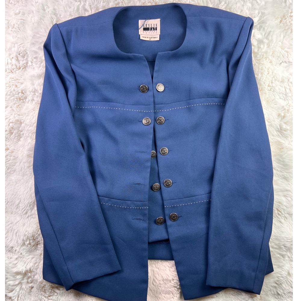 Leslie Fay Petite Blue Collarless Blazer Vintage Button Front Jacket Size 8P